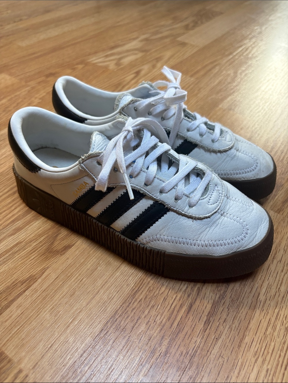 adidas Kids White Sneakers with Black Stripes and Brown Platform Sole